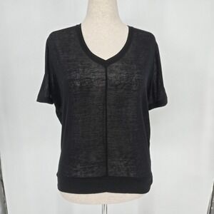 BCBG Max Azria Black Sheer V Neck Blouse Slub Knit Top Women Small Semi Sheer EU